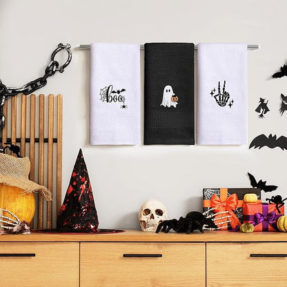 3 Pcs Halloween Hand Towels for Bathroom, Boo Ghost Black White Embroidered