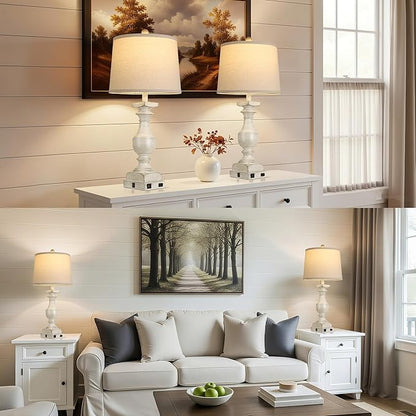 Farmhouse Table Lamp Set of 2, 28'' Bedside Lamps with USB A+C Port, Traditional Nightstand Lamps for Room, Vintage Table Lamp, Desk Lamp for Bedroom, Beige Lampshade, Rocker Switch, Bulb Included