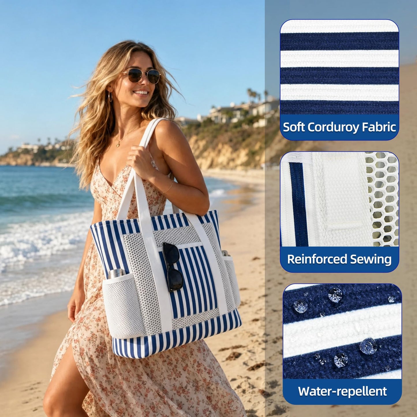 MIAOJIE Mesh Beach Tote Bags for Women Corduroy Tote Bag Sandproof Mesh Beach Bag With Zipper Pocket Pool Bag for Weekender Travel Cruise Swim -Blue Stripes