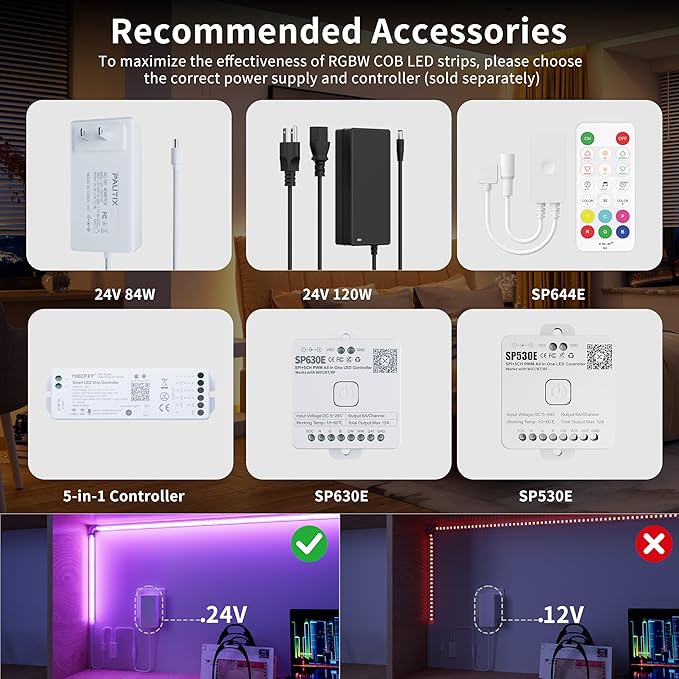 PAUTIX COB LED Strip Light RGBW RGB 2700K Warm White UL Listed 24V Color Changing LED Tape Lights for Ceiling,Cabinets,Bedroom,Party DIY Lighting(Power Supply & Controller Not Included)