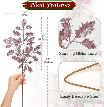 DILATATA 6Pcs Christmas Glitter Leaves Holly Leaves 23" Artificial Rose Gold Holly Leaf Picks Sprays Giltter Stems for Christmas Tree DIY Xmas Wreath Garland Home Decor - Rose Gold