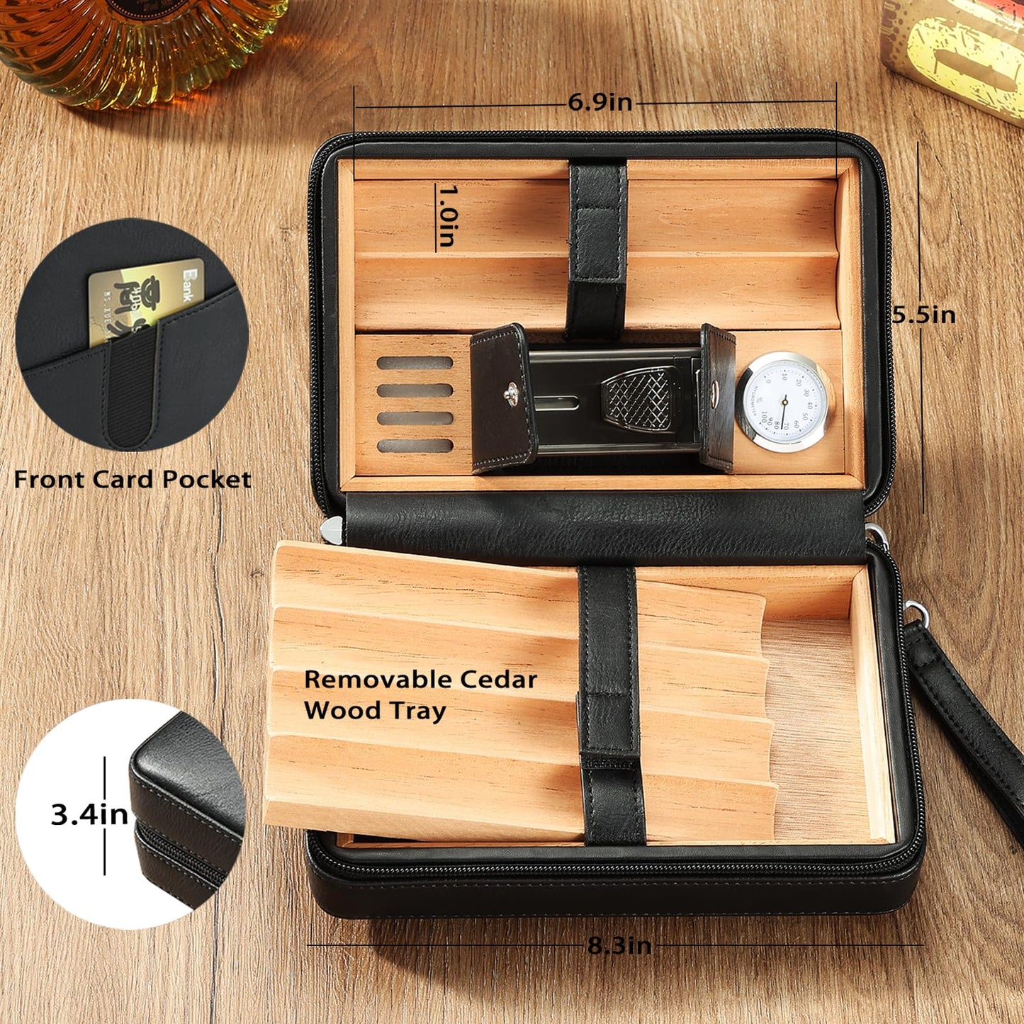 Leather Cedar Wood Case and Double Jet Flame Butane Torch Lighter Set, Holds 6 Units, Built-in Cutter, Punch and Holder Function, Draw Enhancer Tool, Travel Box with Hygrometer.