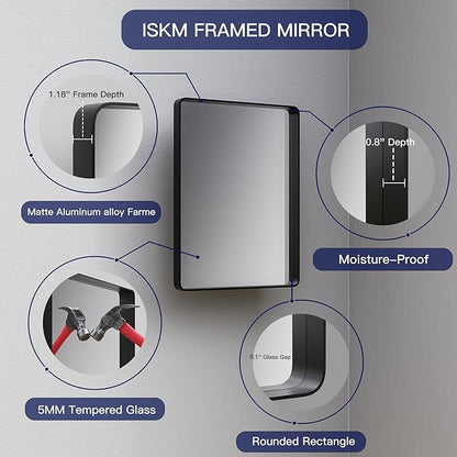 ISKM Metal Silver Frame Mirror - 48 x 36 Inch Stainless Steel Vanity Mirror for Bathroom, Non-Rusting Aluminum Alloy Matte Frame, Hangs Horizontal or Vertical