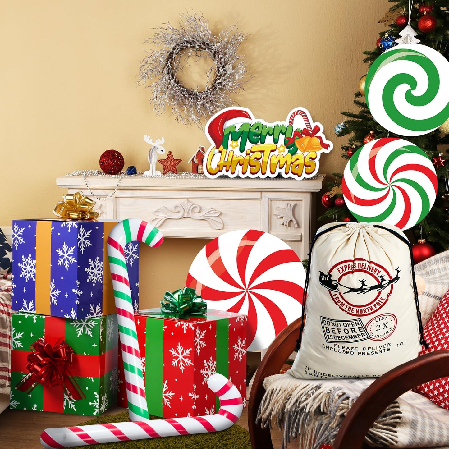 Humyoun 10 Pcs Christmas Gift Boxes Decoration, Christmas Photo Booth Props Gift Box with Ribbons Large Candy Cane Balloon for Xmas Party Decorations Home Xmas Box Decorations