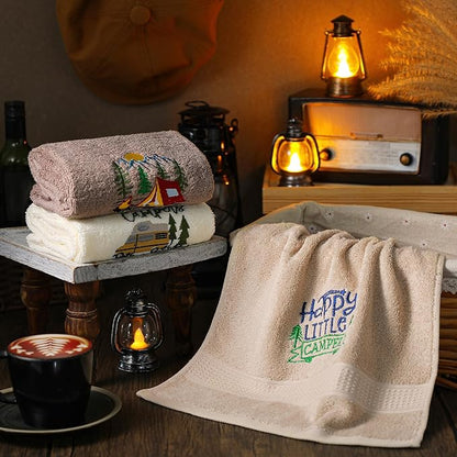 Kitchen 3 Pcs Camping Themed Hand Towels Embroidered Happy Camping Bathroom