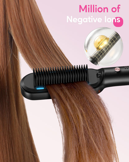 Wavytalk Hair Straightener Brush, Sleek Sweep Ionic Straightening Brush with 6 Temperature Adjust, Anti-Scald Ceramic Straightening Comb Fast Heating for Home Salon, Dual Voltage, Purple.