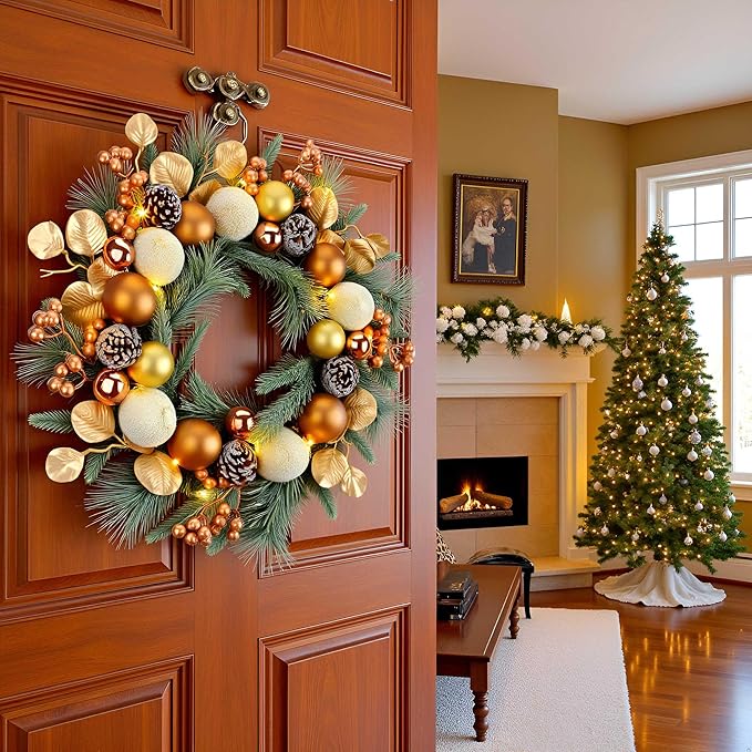 YULETIME 20-inch Christmas Wreath, Battery Operated Holiday Wreath with 20 Fairy Lights, Golden Baubles & Berries, Pine Cones, Golden Leaves, Frosted Spruce Branches and Pine Needles (Gold)