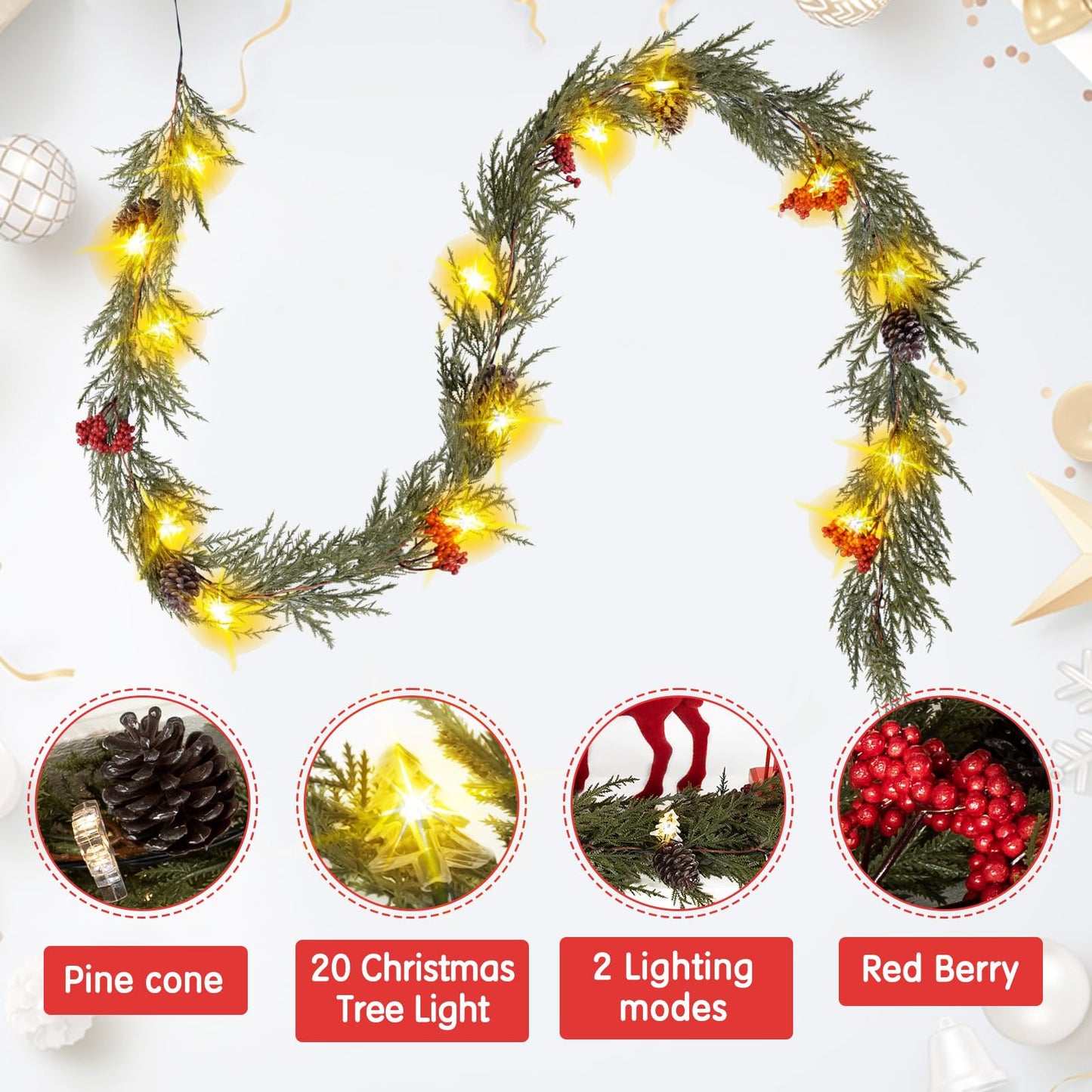 HUZIYAHAN Prelit Christmas Garland with Lights 9FT Christmas Tree Lighted Garland Outdoor Indoor Battery Operated Garland for Mantel Table Porch Stair Wall Winter Home Holiday Christmas Decorations