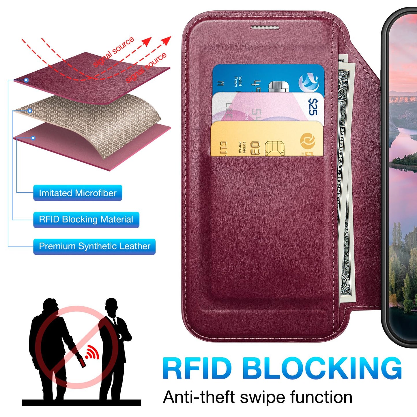 DuckSky Wallet Case for iPhone 17 Pro Max 6.9" Magnetic Flip Leather Folio Cover with RFID-Blocking Credit Card Holder,Wireless Charging Compatible,Women Men Apple 17 Pro Max Protective Case,Wine Red