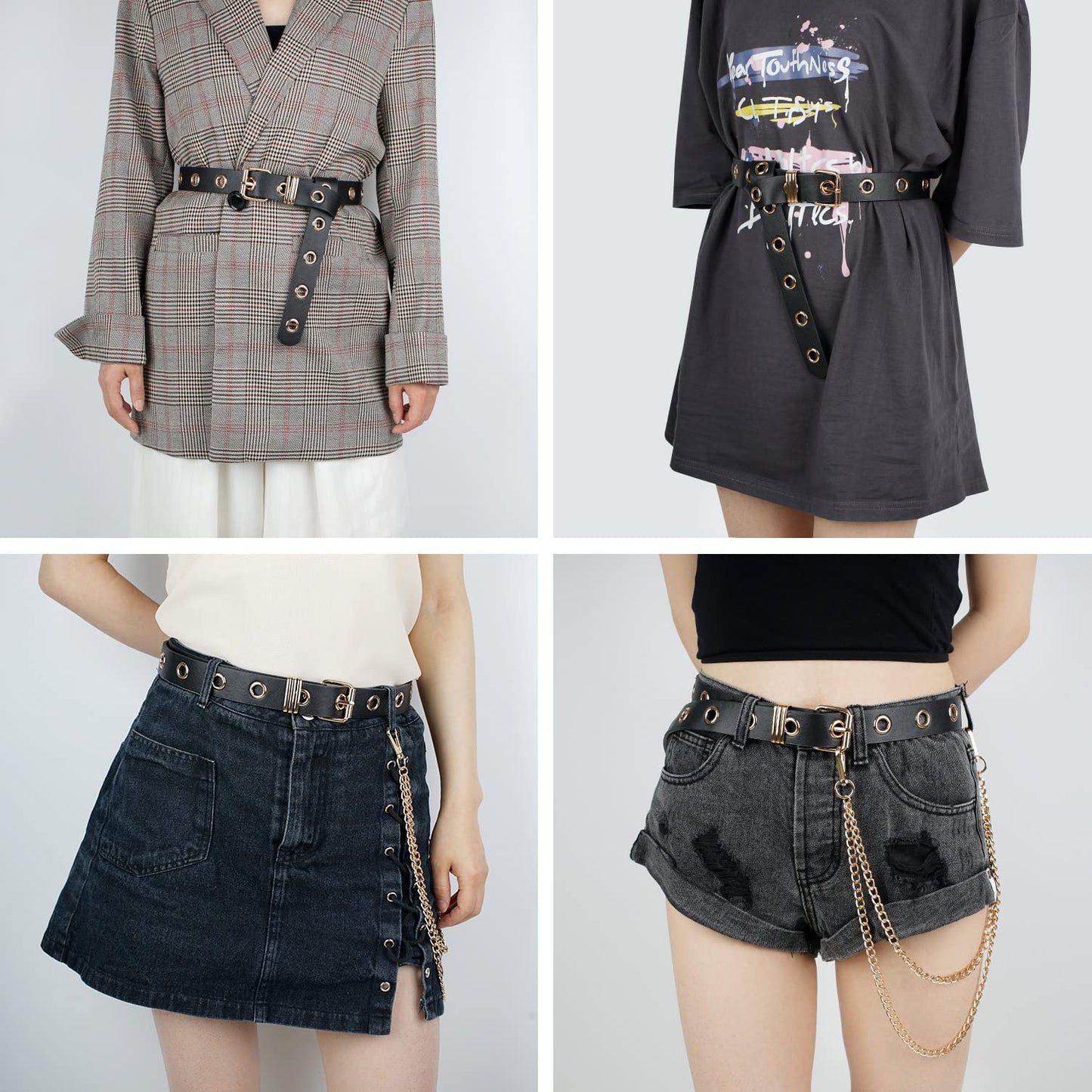 FIORETTO Grommet Leather Belt with Detachable Chain Women Men Punk Rock Waist Belts for Jeans Pants Single Holes (With Gold Chain)