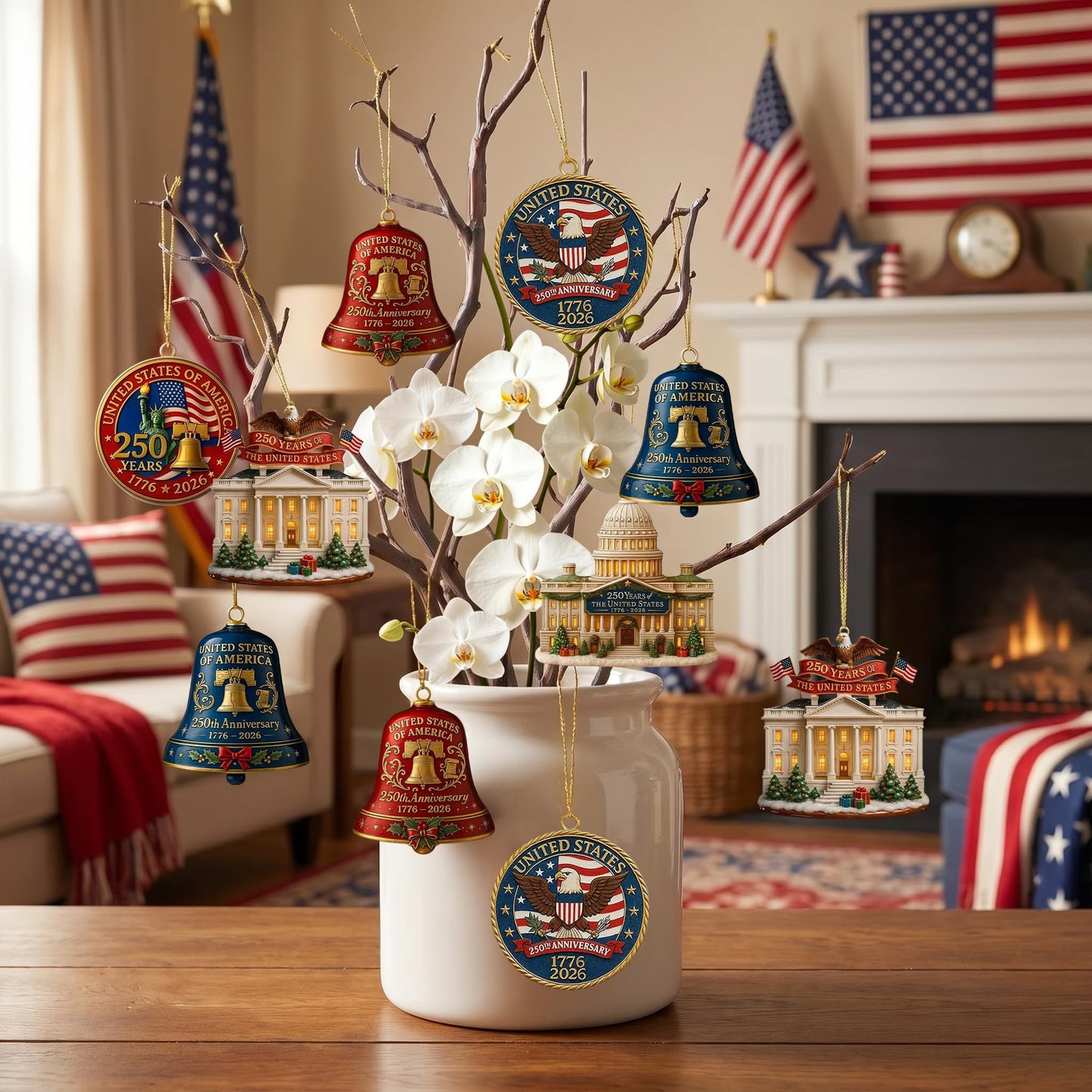 2pc 250th Anniversary USA Bell Ornament for 4th of July Decorations, 2D Acrylic 250 Anniversary Merchandise, America 250th Birthday Gifts, 250th Patriotic Decorations for Holiday Ornament Gift Bulk