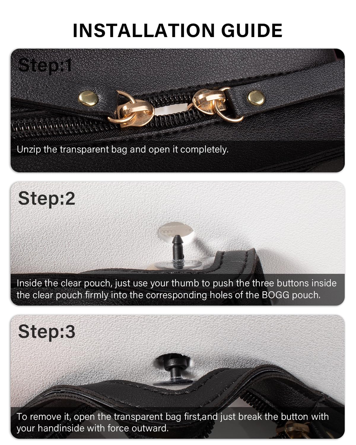 LETGO Clear Insert Bag for Bogg Bag Accessories - 2 Packs Leather Zipper Insert Pouch for Bogg Tote Travel Makeup Clean Toiletry Handbag Organizer Cosmetic Divider Storage Inner Pouch (Black)