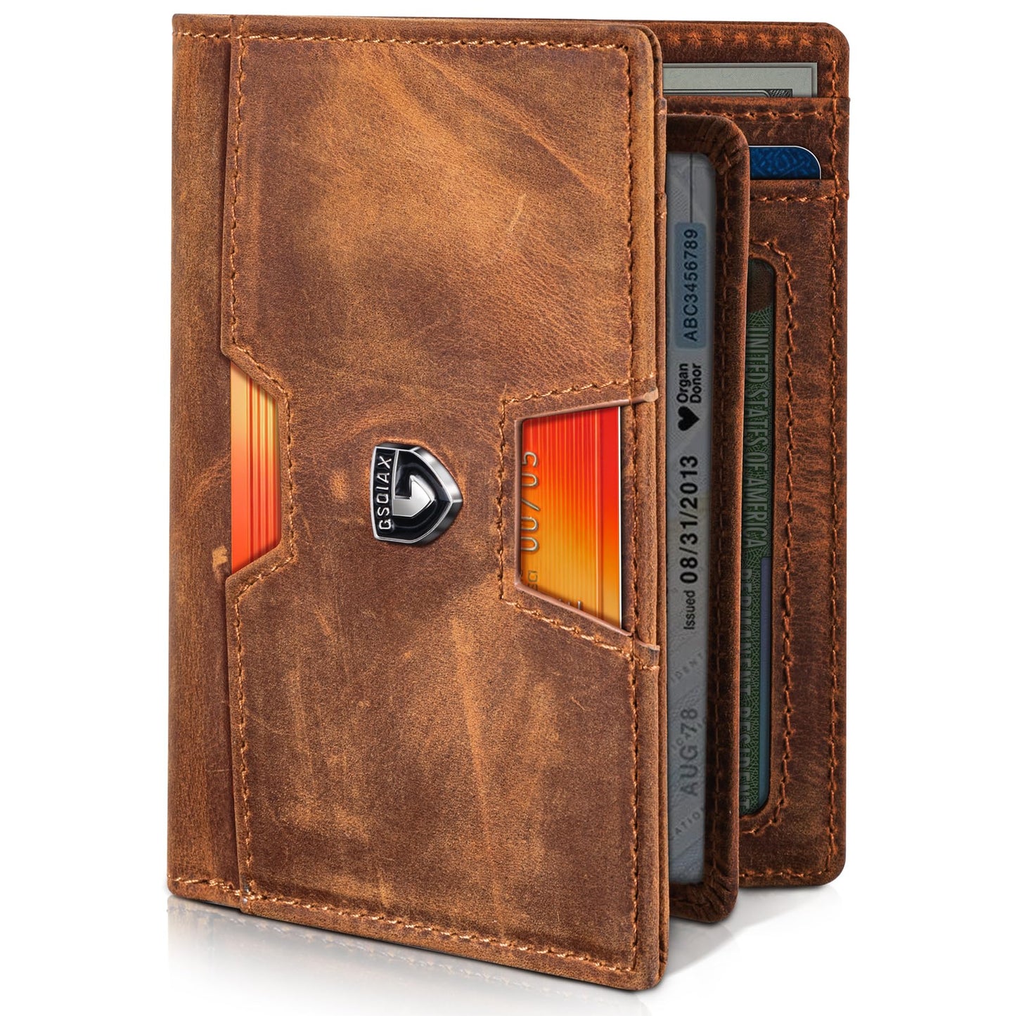 GSOIAX Wallet for Men, Slim Top Grain Leather Wallet with 13 Card Slots & 1 Bill Compartment - RFID Blocking Thin Minimalist Bifold, Front Pocket Credit Card Holder, Mens Birthday Gift (Brown)