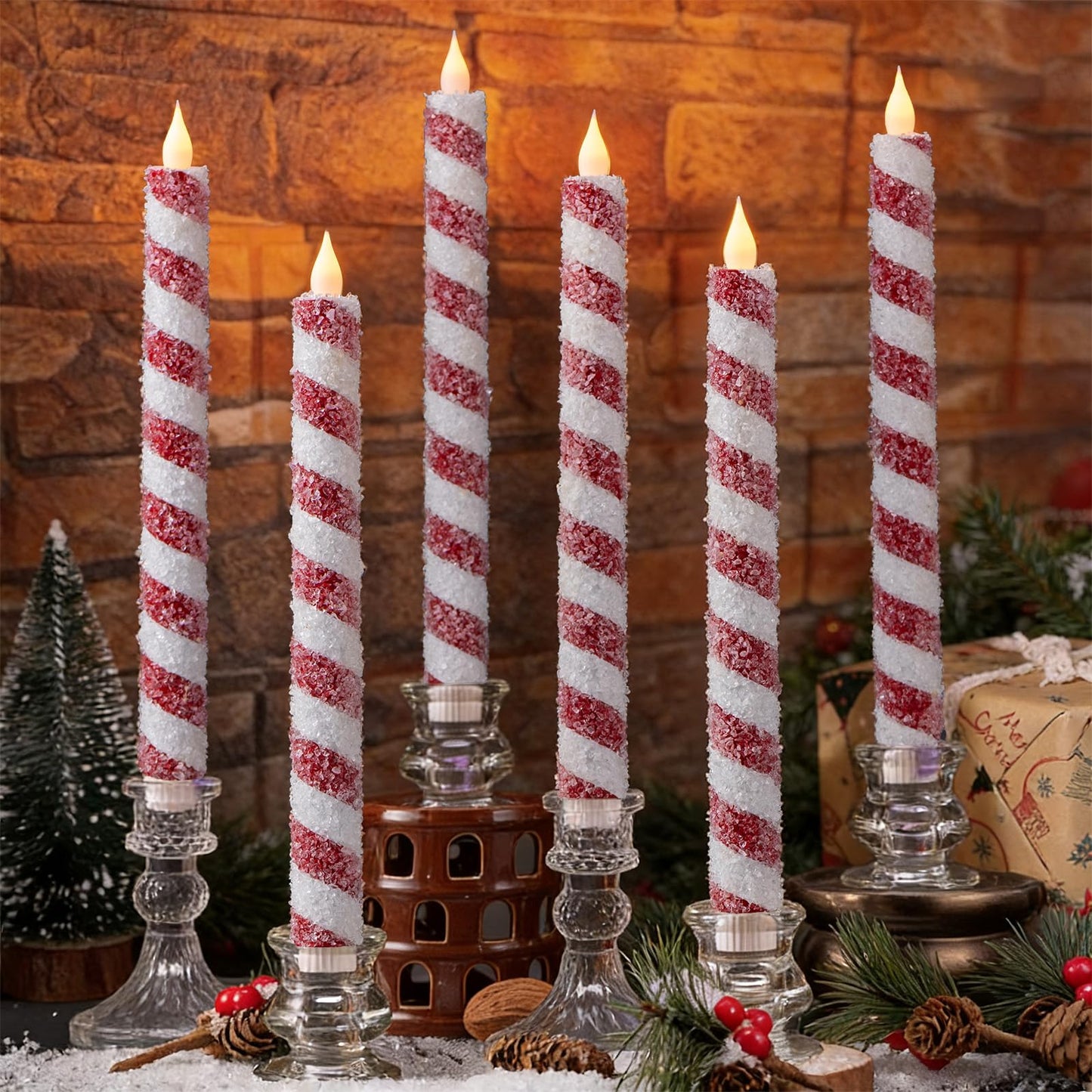IUJOCQL 6 Pcs 10.6 Inch Christmas Flameless Taper Candles, Candy Cane Red & White Stripes Flickering LED Candles Battery Operated for Xmas Centerpiece, Holiday Party, Wedding, Home Decoration