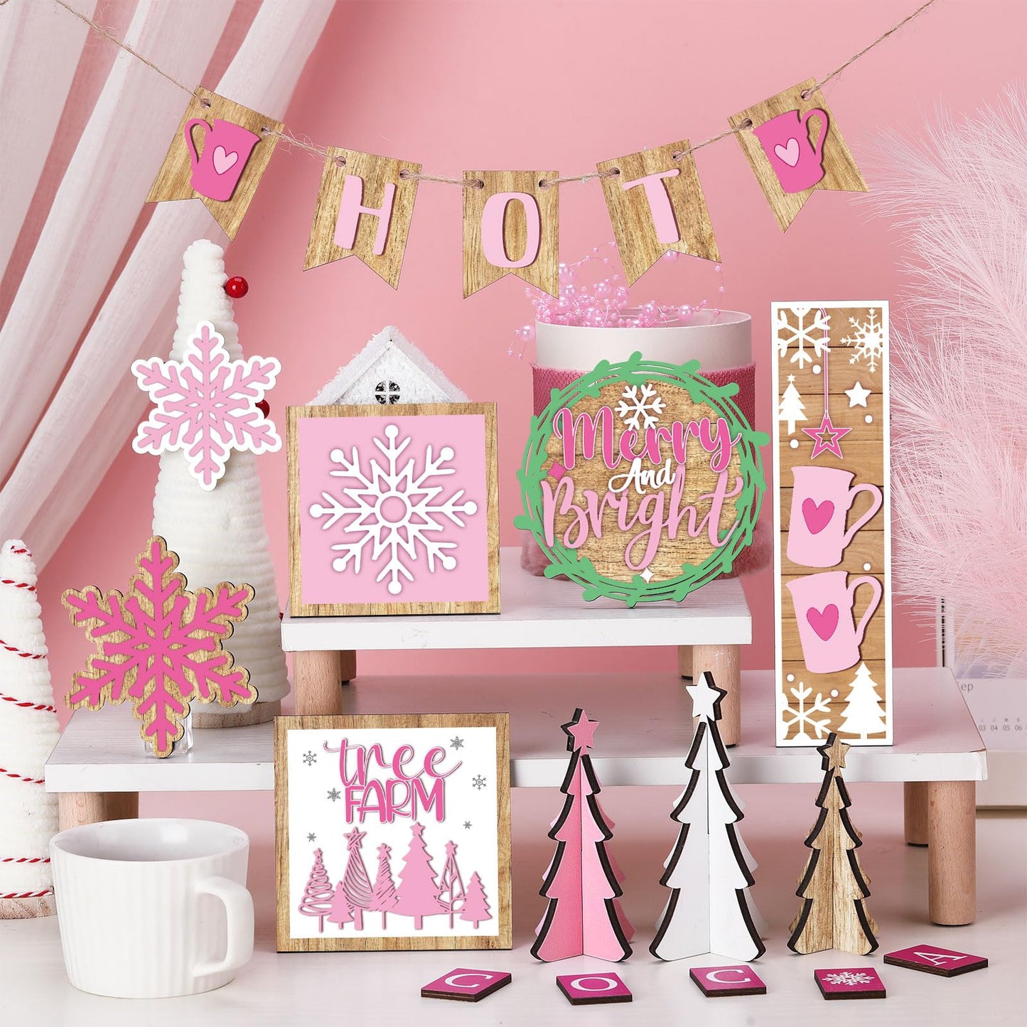GlikCeil 19 Pcs Pink Christmas Tiered Tray Decor Winter Hot Cocoa Wooden Sign Snowflakes Coffee Table Decoration Rustic Farmhouse Winter Signs for Home Decor Tabletop Shelf Centerpieces