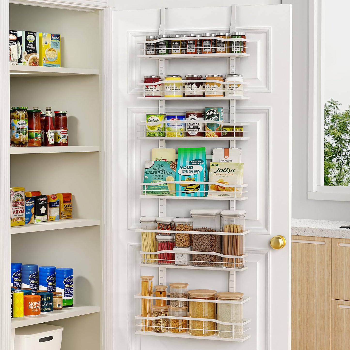 Moforoco White 6-Tier Over Door Pantry Organizer, Pantry Organization Storage, Door Metal Hanging Spice Rack Basket Shelves, Home Kitchen Apartment Essentials, Laundry Room Bathroom Organization