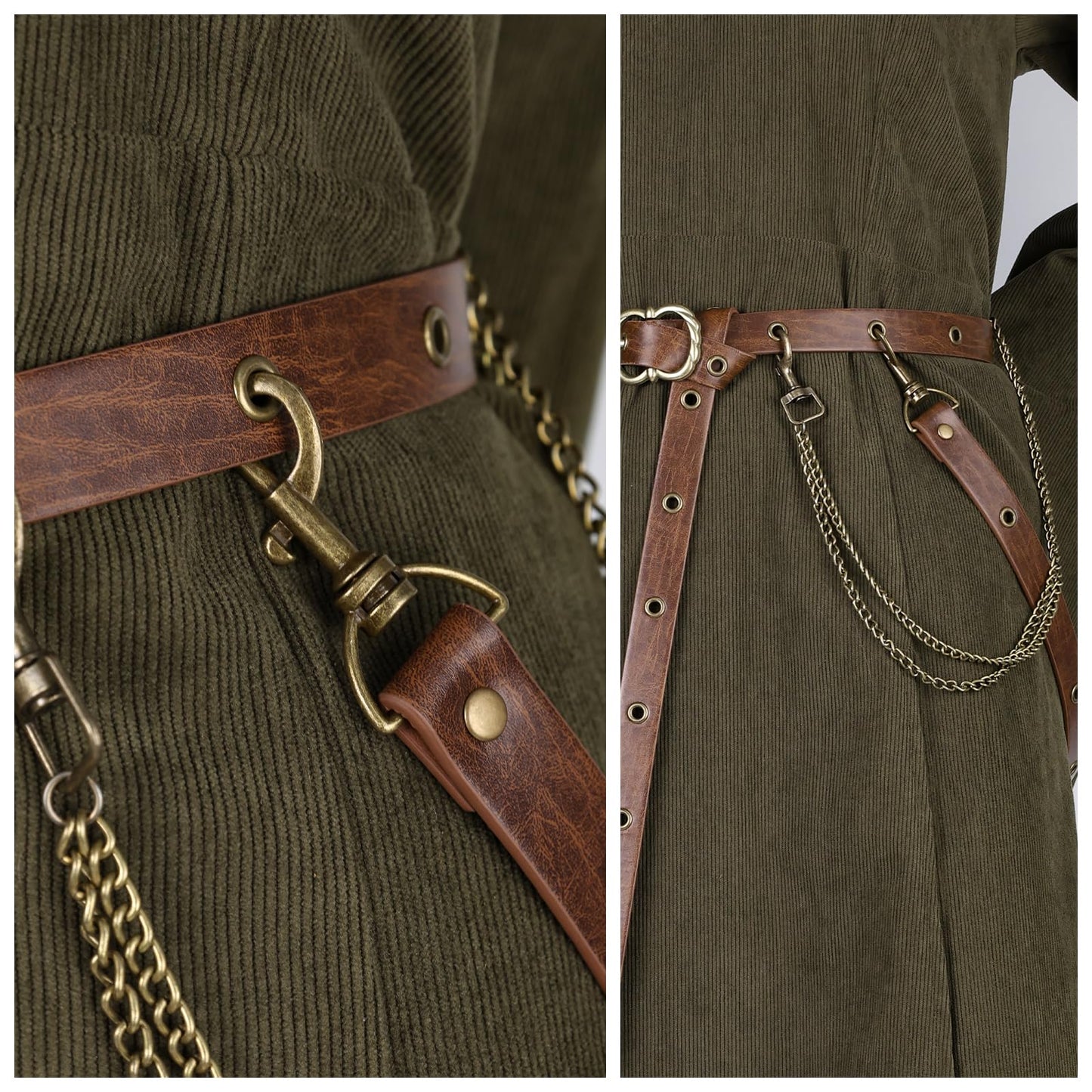 HiiFeuer Medieval DIY Faux Leather Metal Chain Belt, Vintage Adjustable Thin Belt For Women, Retro Skinny Belt For Dresses (Brown B)