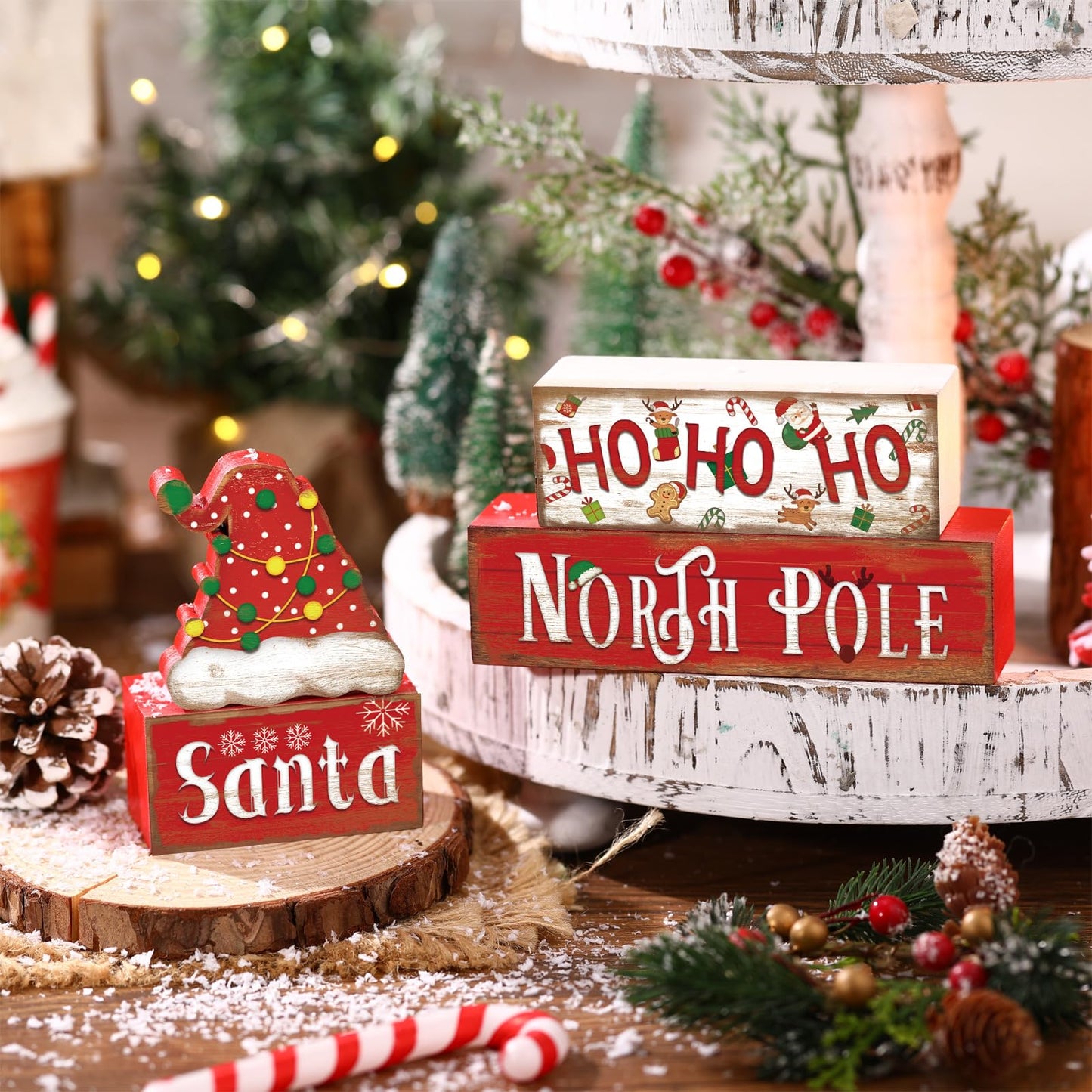 Moucuny 4 Pcs Christmas Table Sign Christmas Hat Wooden Decorative Signage Xmas Tiered Tray Decor Winter Centerpieces Farmhouse Wooden Block Set Xmas Table Sign for Home