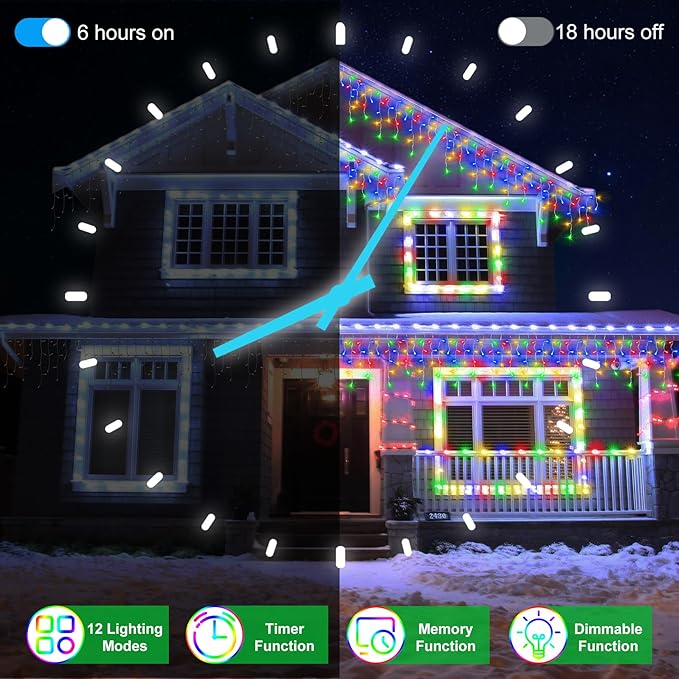 50FT 504 LED Outdoor Christmas Lights - 112 Ice Drops, 12 Pro Modes with Timer Memory & Brightness, Waterproof Hanging Ice String Light for Holiday Wedding Garden Fence House Decor (Multicolor)