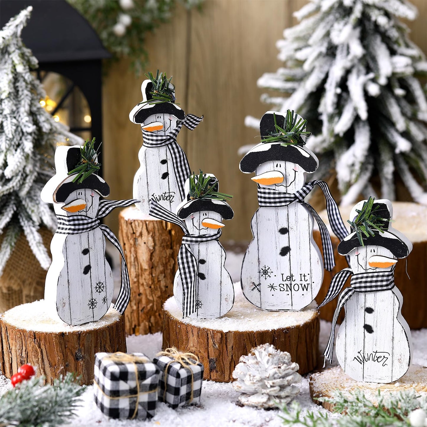 Threehoney Christmas Snowmen Wooden Ornaments Rustic Christmas Table Centerpieces Farmhouse Tiered Tray Decor Table Sign for Xmas Winter Holiday Party Home Office Shelf(5 Pcs,Farmhouse)