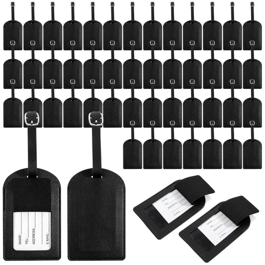 50 Pcs PU Leather Luggage Tags, 2.75 x 4.33 inch Black ArtificialLuggage Tag Bulk Luggages Tags Wedding Favors Full Privacy Cover for ID Card, Birthday, Travel, School