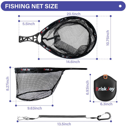 BriskJoy Fly Fishing Net – Foldable Trout Net for Tenkara, Kayak & Wading, Ultralight Hiking & Backpacking Landing Net with Rubber Coated Mesh for Catch and Release, Includes Storage Bag & Lanyard