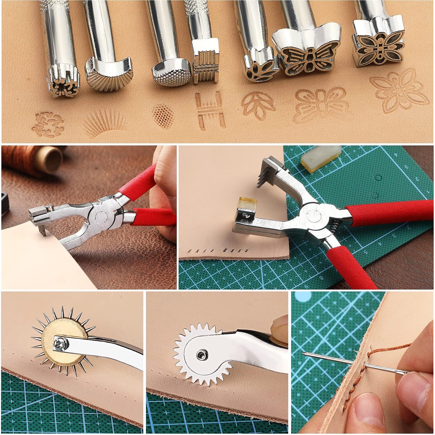 273 Pieces Leather Working Tools and Supplies with Leather Tool Box Cutting Mat Hammer Stamping Needles Snaps and Rivets Kit Perfect for Stitching Punching Cutting Sewing Leathercrafting Making