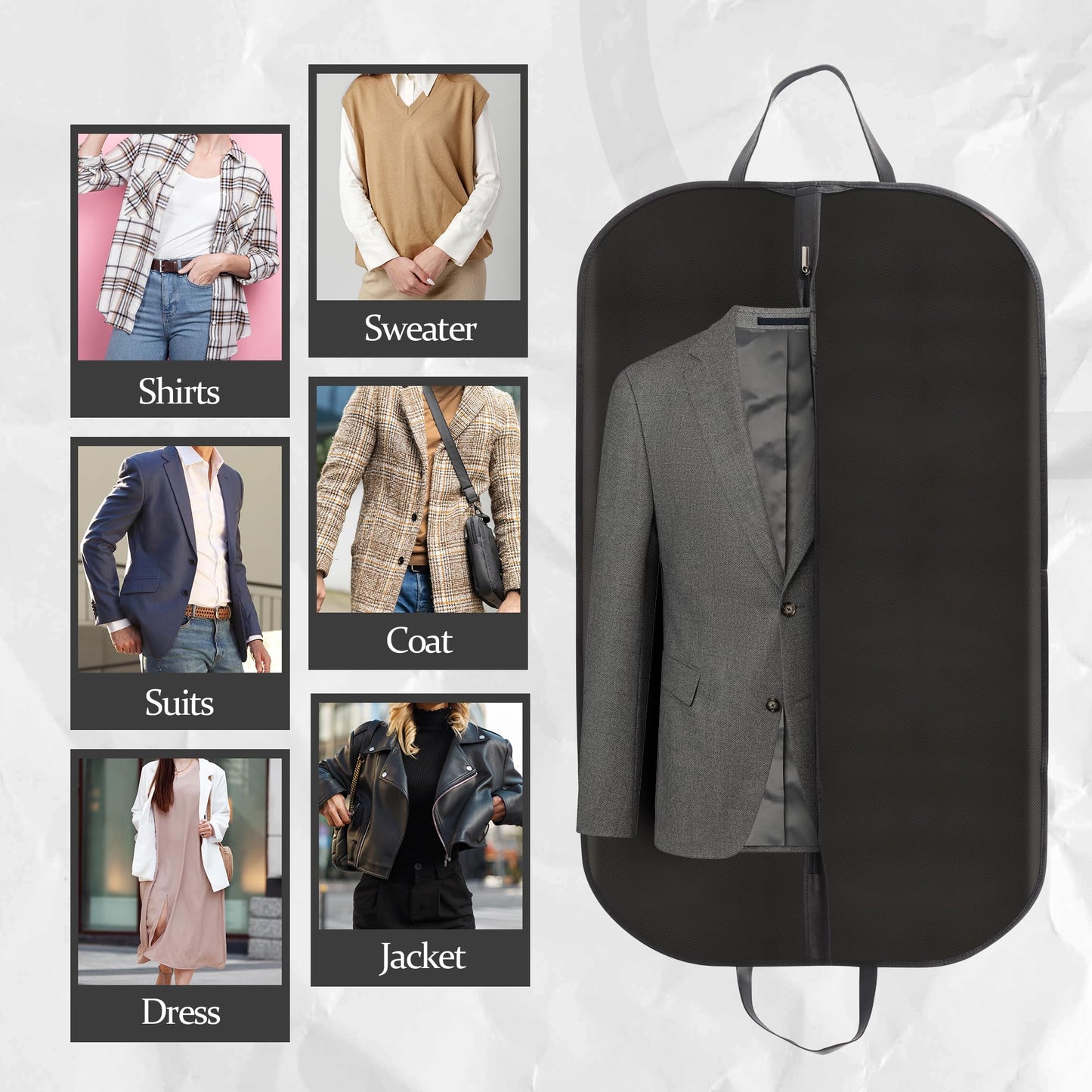 Garment Bags (2 Pack) - 40 Inch Premium PU Leather & Fabric Hanging Clothes Storage for Travel/Closet - Wrinkle-Free Suit Cover with Zipper & Handle for Shirts, Jackets, Coats, Dresses, Polo