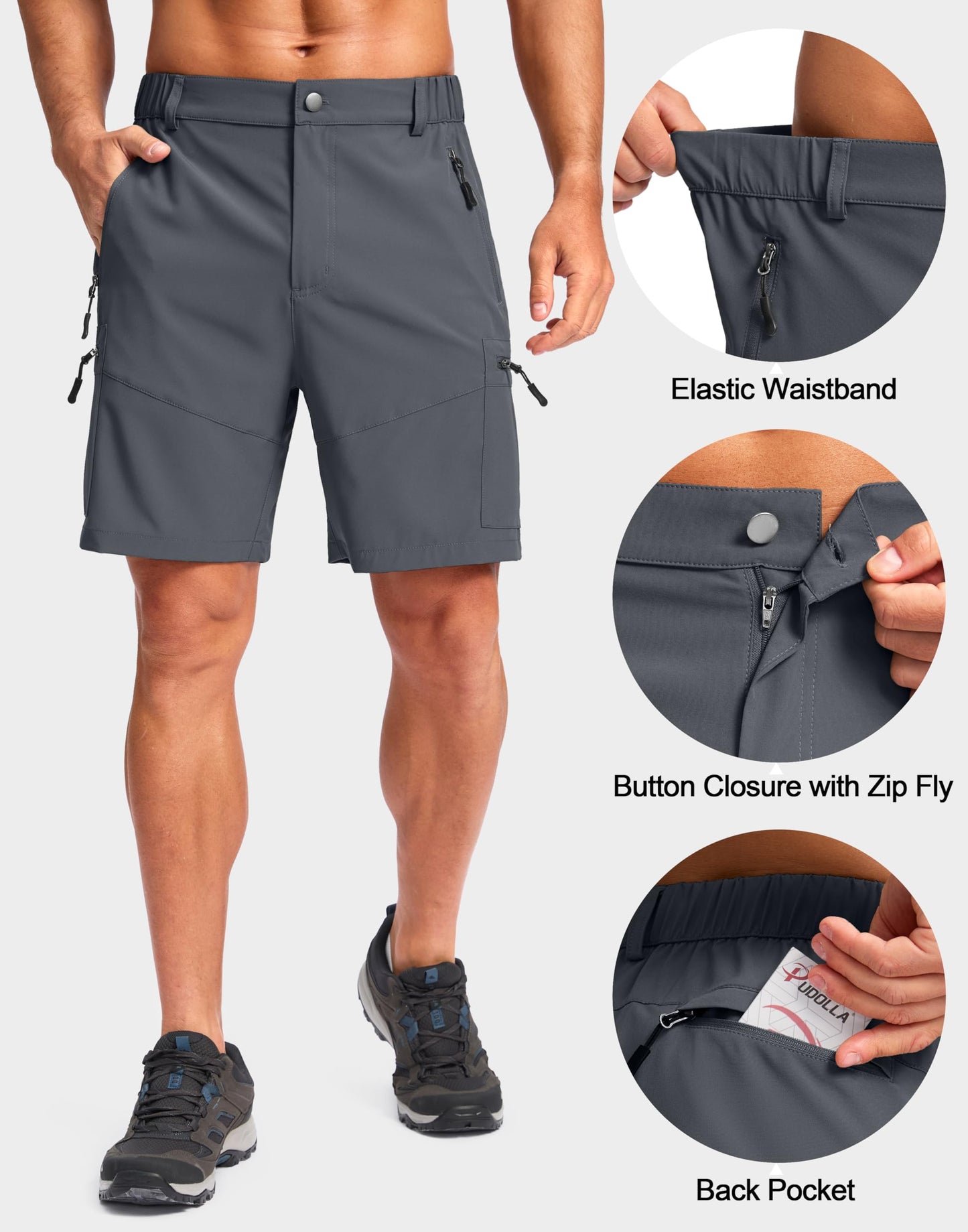 Pudolla Men's Hiking Cargo Shorts Lightweight 7" Travel Casual Shorts for Men Golf Work Outdoor with 5 Zipper Pockets(Deep Grey Large)