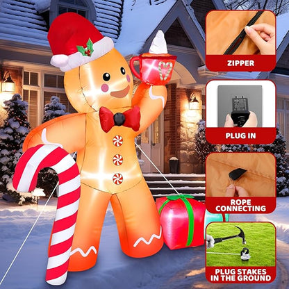8 FT Christmas Gingerbread Inflatable Outdoor Decoration With LED Lights, Cute Gingerbread Man With Gift & Hot Cocoa Blow Up Yard Decor for Garden