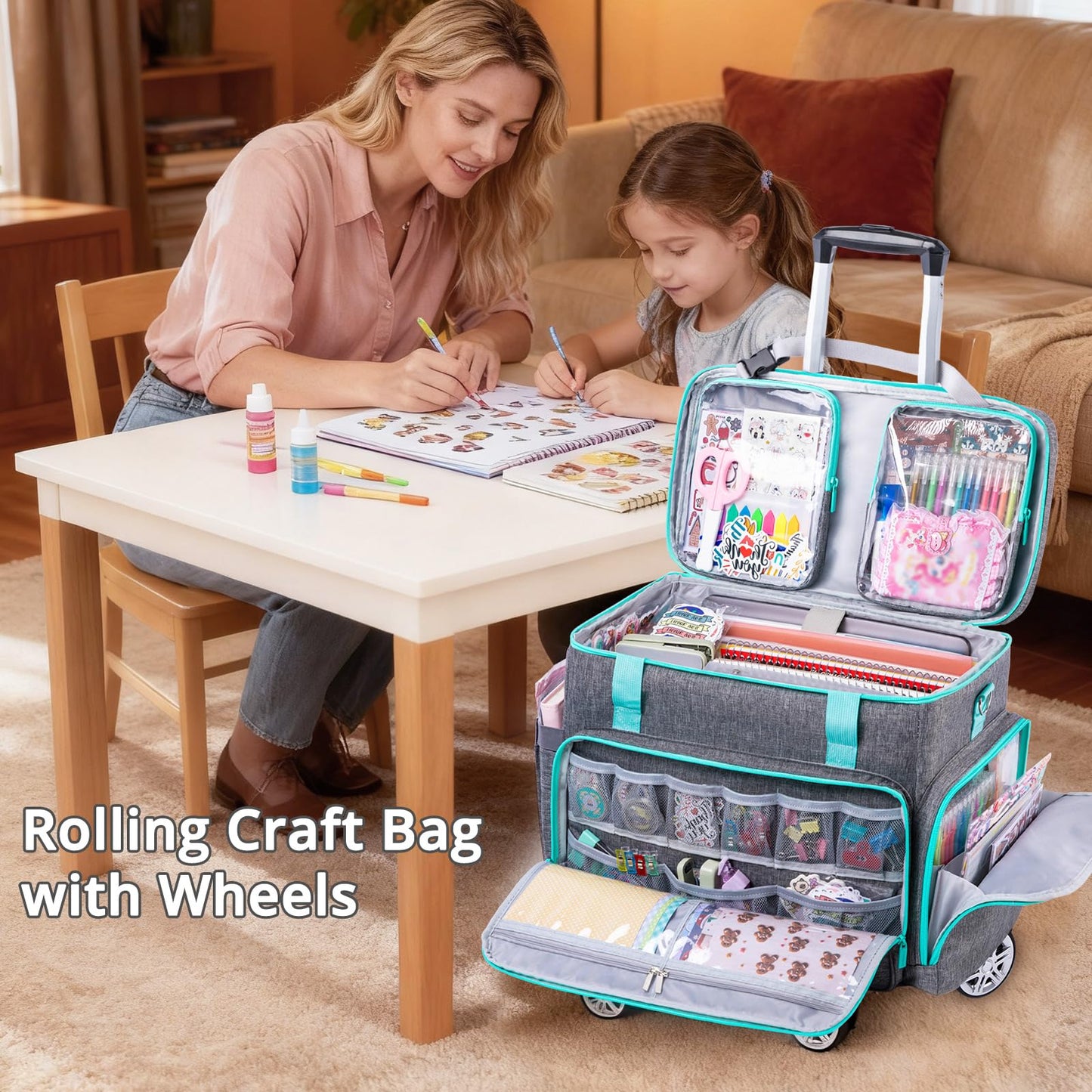 AMOIGEE Rolling Tote Bag with Wheels and Handle, Sewing Machine Case, Craft Organizer Tote for Scrapbooking Storage, Teacher Rolling Bag, Craft Supply Storage, Art Bag, Rolling Cart for Teachers