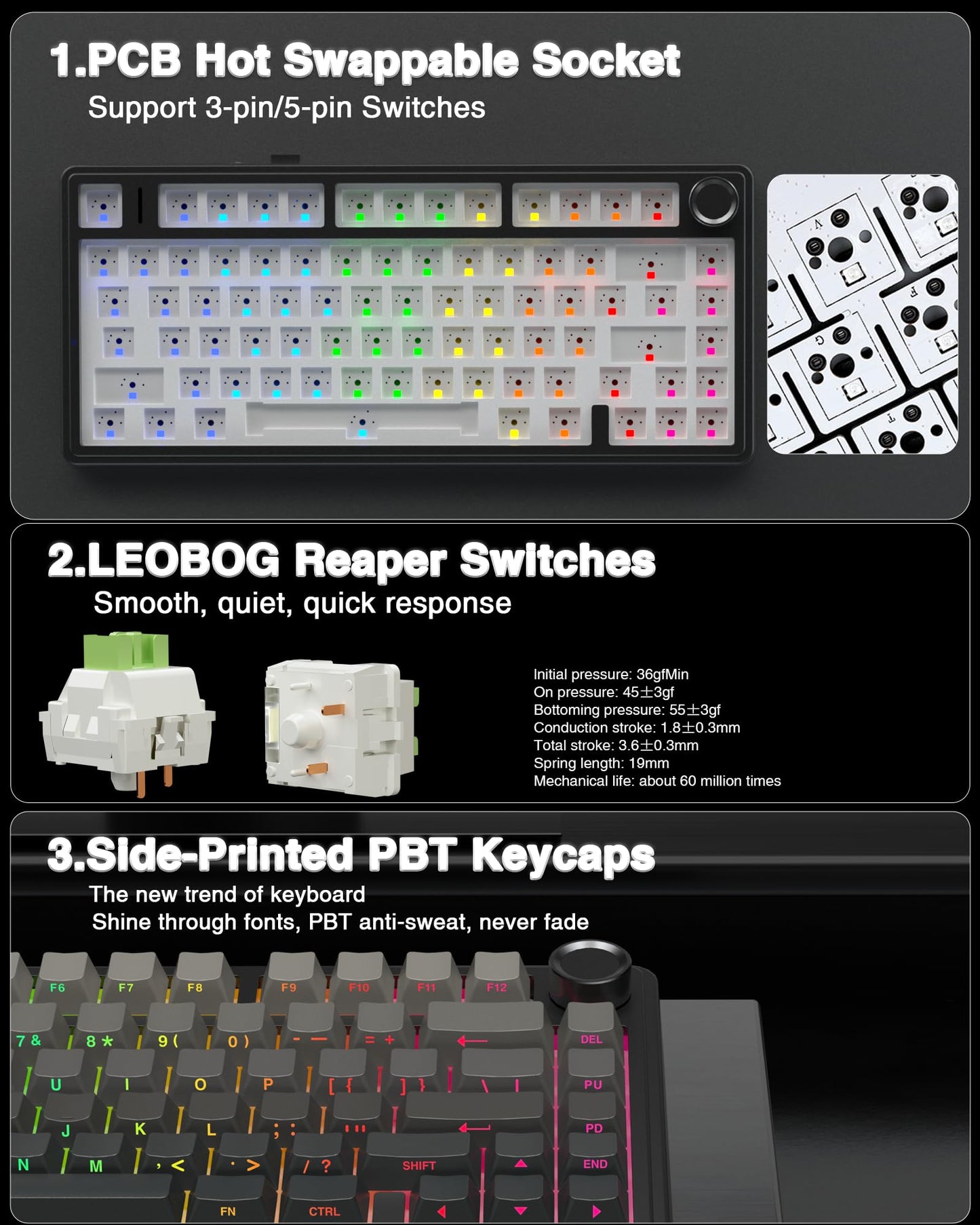 AULA F75 Pro Wireless Mechanical Keyboard,75% Hot Swappable Custom Keyboard with Knob,RGB Backlit,Pre-lubed Reaper Switches,Side Printed PBT Keycaps,2.4GHz/USB-C/BT5.0 Mechanical Gaming Keyboards
