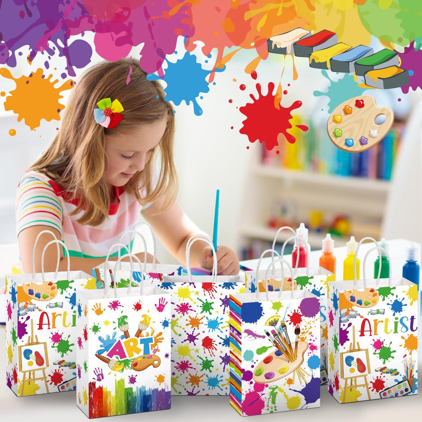 Kolldenn 24 Pcs Art Party Favors Bags Paint Gift Goodie Paper Bags with Handles Splatter Art Candy Pouch‌ Artist Treat Pouch‌ for Painting Splatter Birthday Party Decorations Supplies
