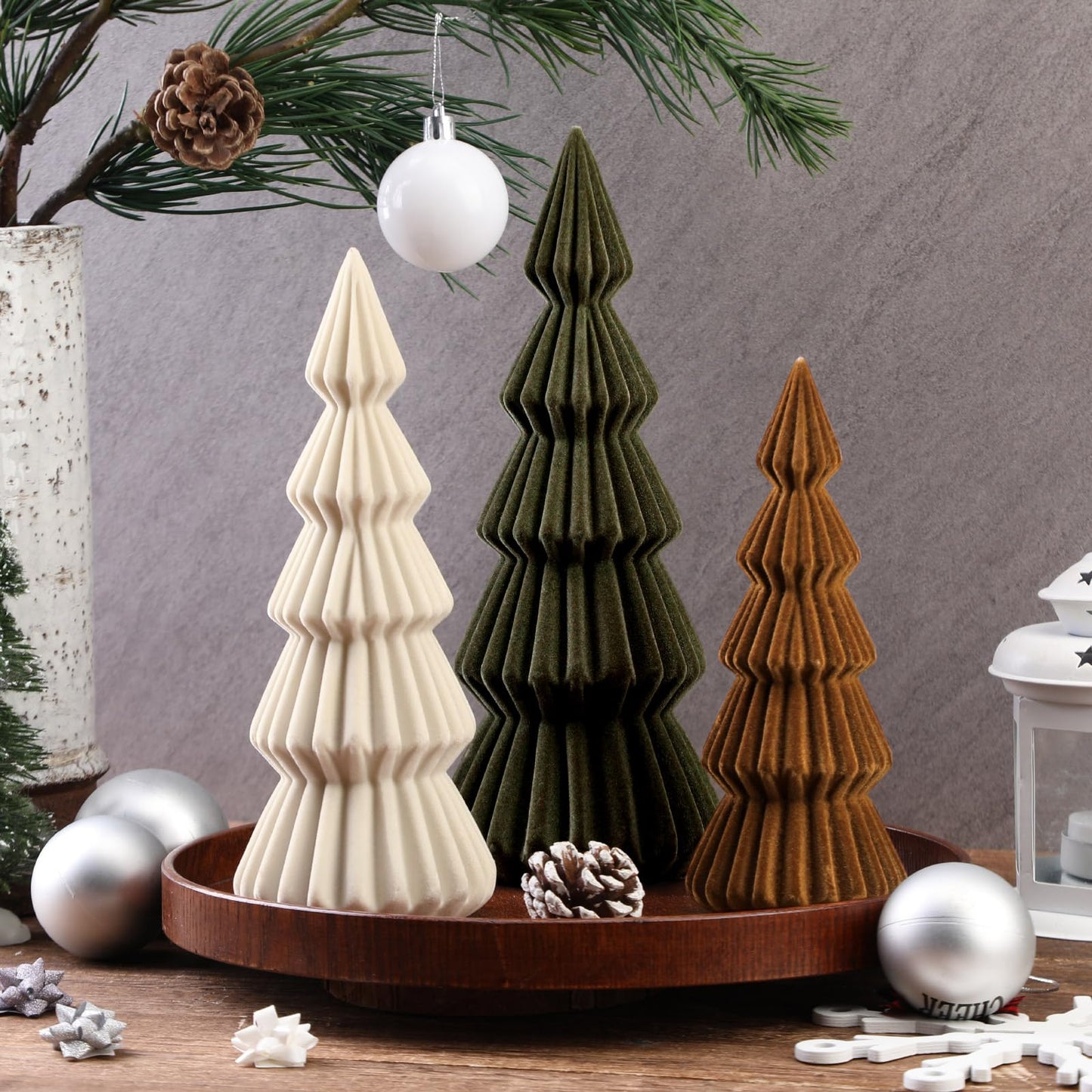 Relaxgiant Set of 3 Velvet Ceramic Christmas Trees Decoration Large Modern Velvet Cone Christmas Tree Figurine Decor Holiday Xmas Winter Indoor Home Tabletop Mantel Centerpiece(Green, Beige, Brown)