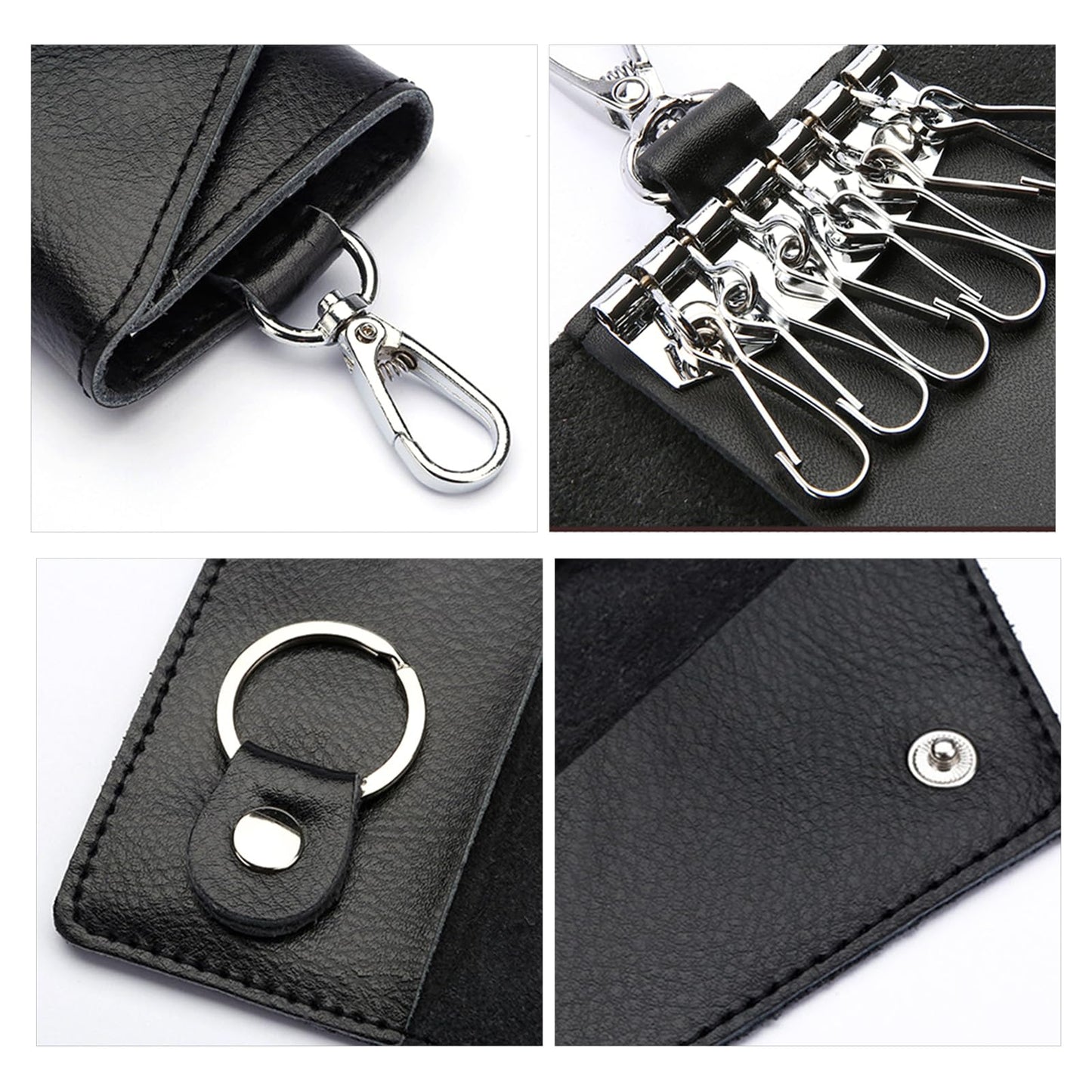 KyeeaDIY Leather Key Case Wallet, Keychain Key Holder with 6 Hanging Buckle Hooks Snap Unisex Coin Pouch Card Holder (Black)