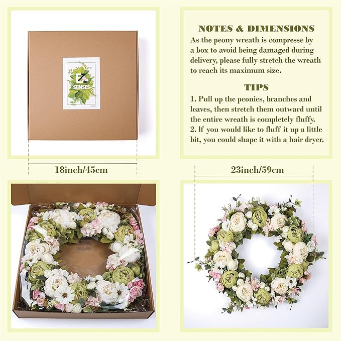 Peony Wreath 23" Floral Artificial Wreath for Front Door Wall Decor Home Décor Festival Celebration Wedding Party New Owners Seasonal Decoration Housewarming Gifts EZsenses (Green)
