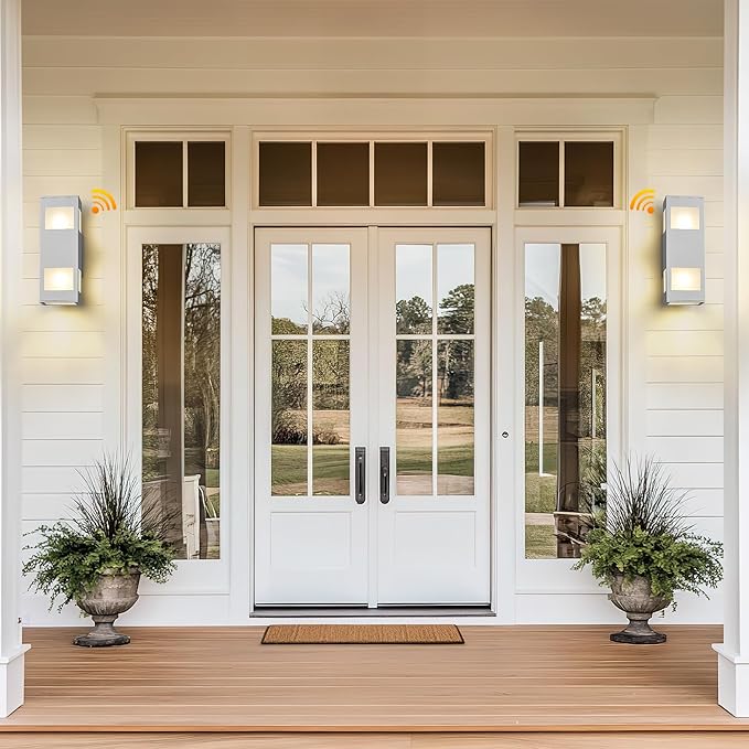 Outdoor Wall Lights, 2 Pack Dusk to Dawn Porch Light Waterproof, 13" Modern Outside Light Rectangular, Large Up Down Exterior Lighting Fixtures for Patio, Garage, Doorway, White