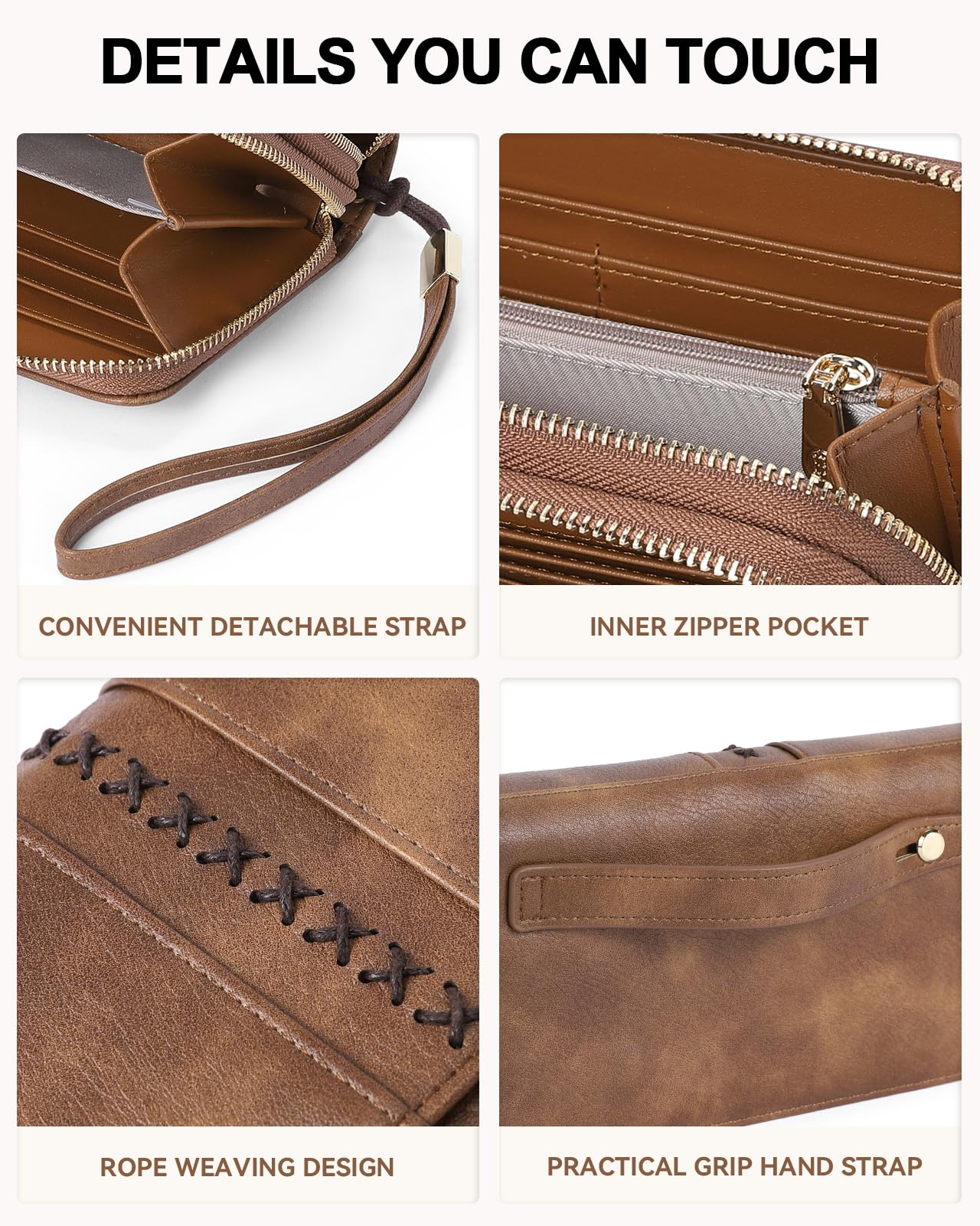 BOSTANTEN Wallets for Women Leather RFID Double Zipper Around Credit Card Holder Large Capacity Wristlet Clutch Wallet with Grip Hand Strap Brown