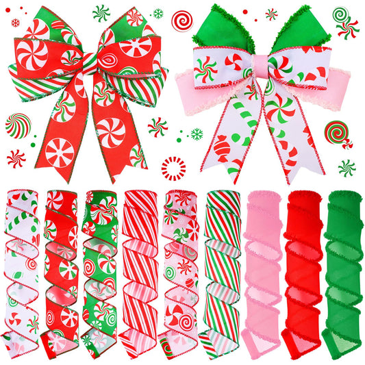 Yuxung 9 Rolls 45 Yards Christmas Candy Peppermint Ribbon Wired Edge Ribbons for Wreaths Red Green Candy Cane Print Craft Ribbon Burlap Grosgrain Ribbon for Christmas Party Decorations DIY Supplies