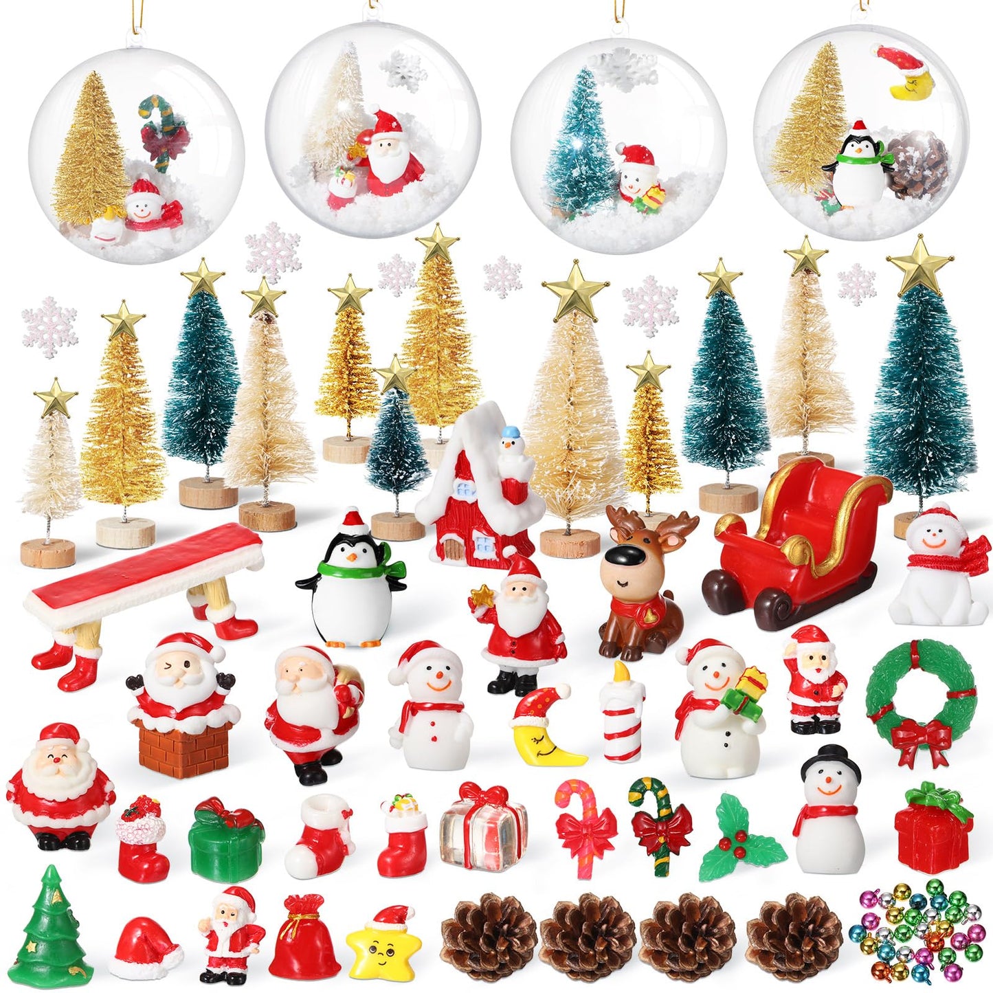 Roowest 96 Pcs Miniature Ornaments for Snow Globe Kit DIY Christmas Village Decoration Christmas Figurines Mini Ornaments with Snowman Reindeer Santa Claus Snowflake(Beige Teal Gold)