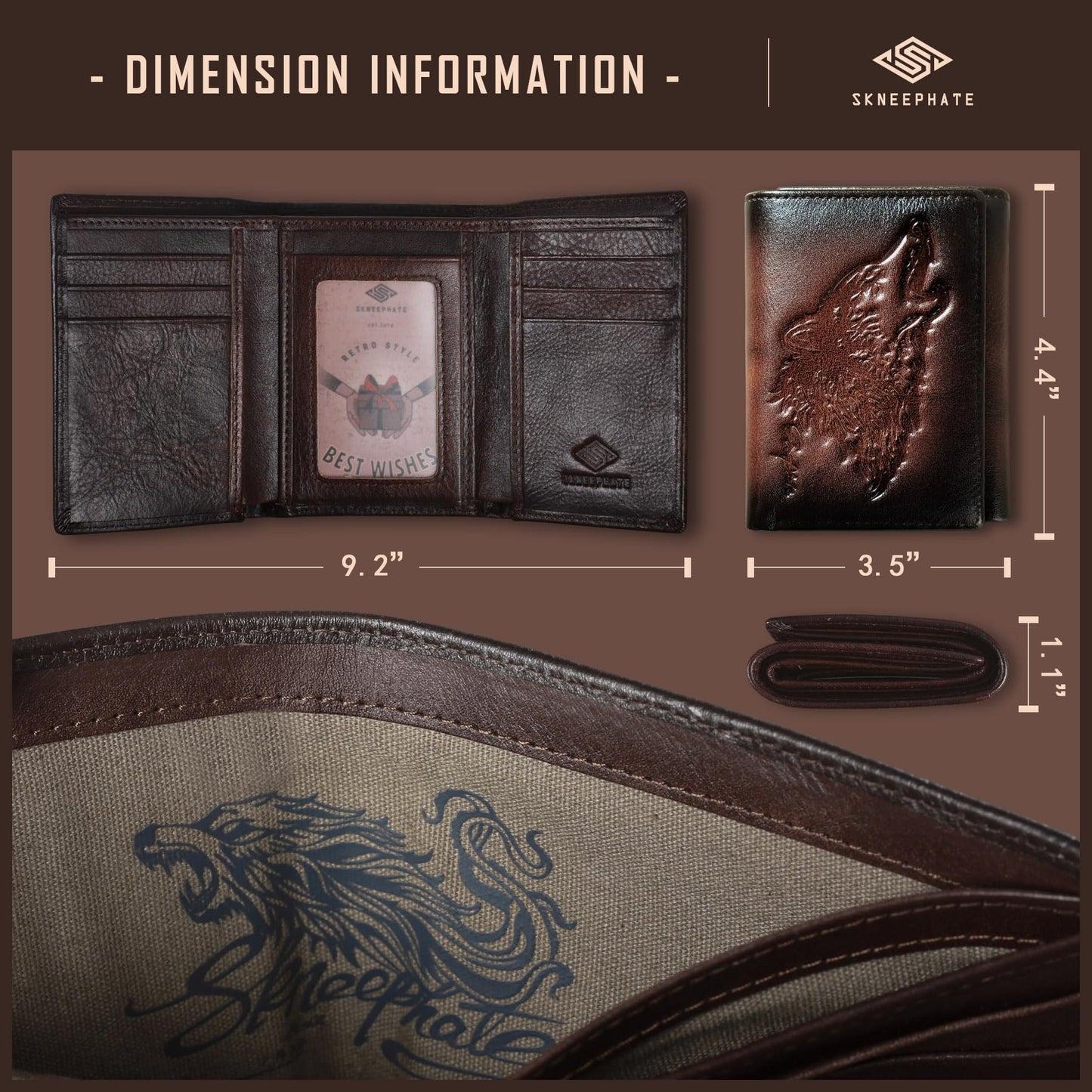 skneephate Men's Trifold Wallet,Wolf Wallets For Men Leather,Rfid Blocking,Gifts For Him Husband (coffee)
