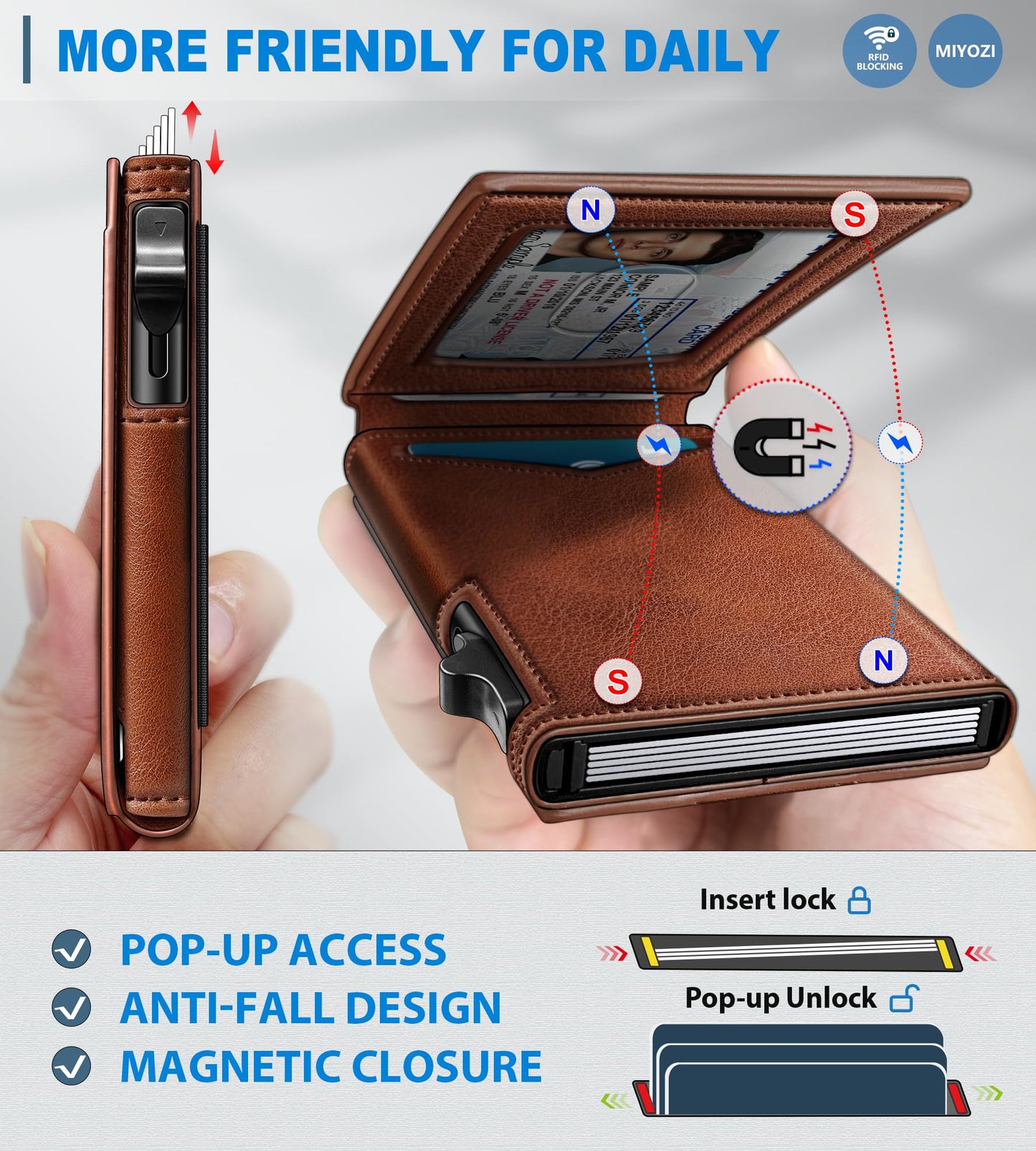 miyozi Wallet for Men, Slim Pop Up Card Holder - RFID Blocking Minimalist Bifold Wallet with ID Window, Holds 9-11 Cards & Stretchable Strap, Metal Flip Case with Magnetic Closure, Gift Box