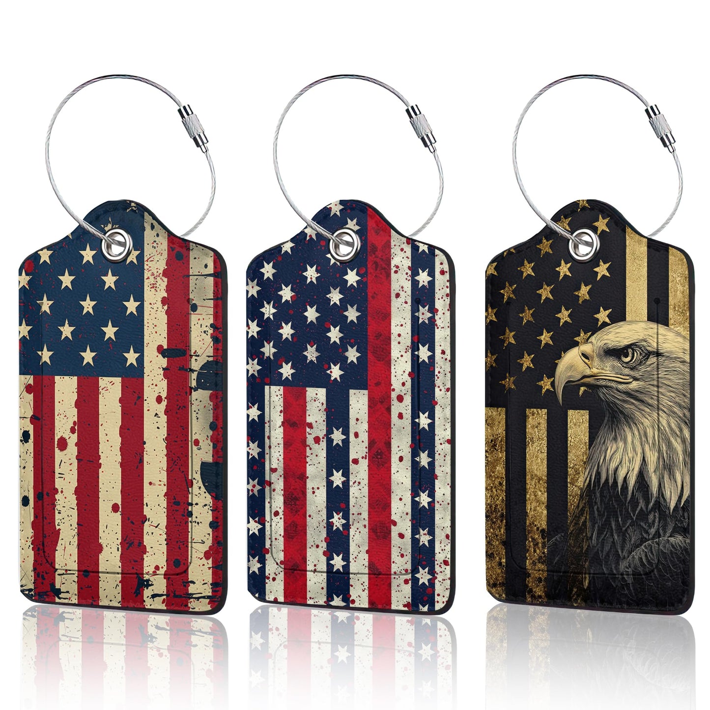 3 Pack PU Retro American Flag Leahter Luggage Tag with Stainless Steel Loop,Travel Suitcase Labels with Privacy Cover ID Label Quickly Spot for Bags