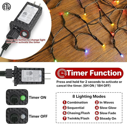 132FT 400 LED Christmas Tree String Lights Outdoor Fairy Lights Plug in, Expandable Green Wire Clear Bulbs Mini Lights 8 Modes, Xmas Wedding Party Decoration (Multicolor)