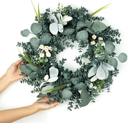 Wreath for Front Door, 18 Inch Spring Summer Eucalyptus Wreaths, Handmade Greenery Wreath All Season for Outside Window Wall Festival Farmhouse Indoor Outdoor Party Holiday Wedding Home Decor