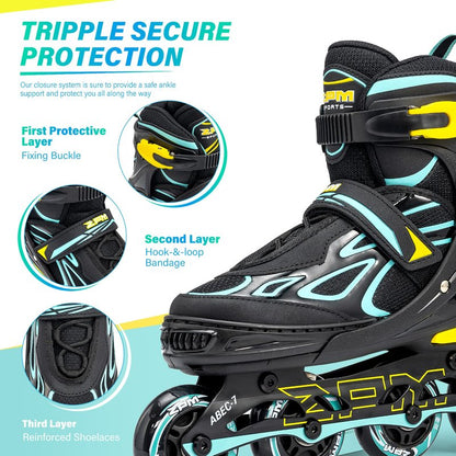 2PM SPORTS Vinal Girls and Boys Adjustable Flashing Inline Skates, All Wheels Light Up, Fun Illuminating for Kids and Women- Cyan M