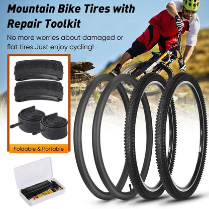 26 Inch Bike Tire, 2Pack 26 x 1.95 Bike Tires & Tubes with Repair Kit, Folding Portable 26 MTB Tires, Replaceable Bicycle Tires 26x1.95 with Inner Tubes and Levers for City Roads, Muddy Trails