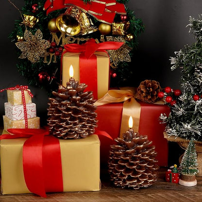 Homemory 2 Pcs LED Pine Cone Candles, Flameless Candles with 6H Timer, Battery Operated Flickering Candle, Real Wax Pinecone Candles for Christmas Indoor Decoration, Brown(D4.3 x H6 Inch)