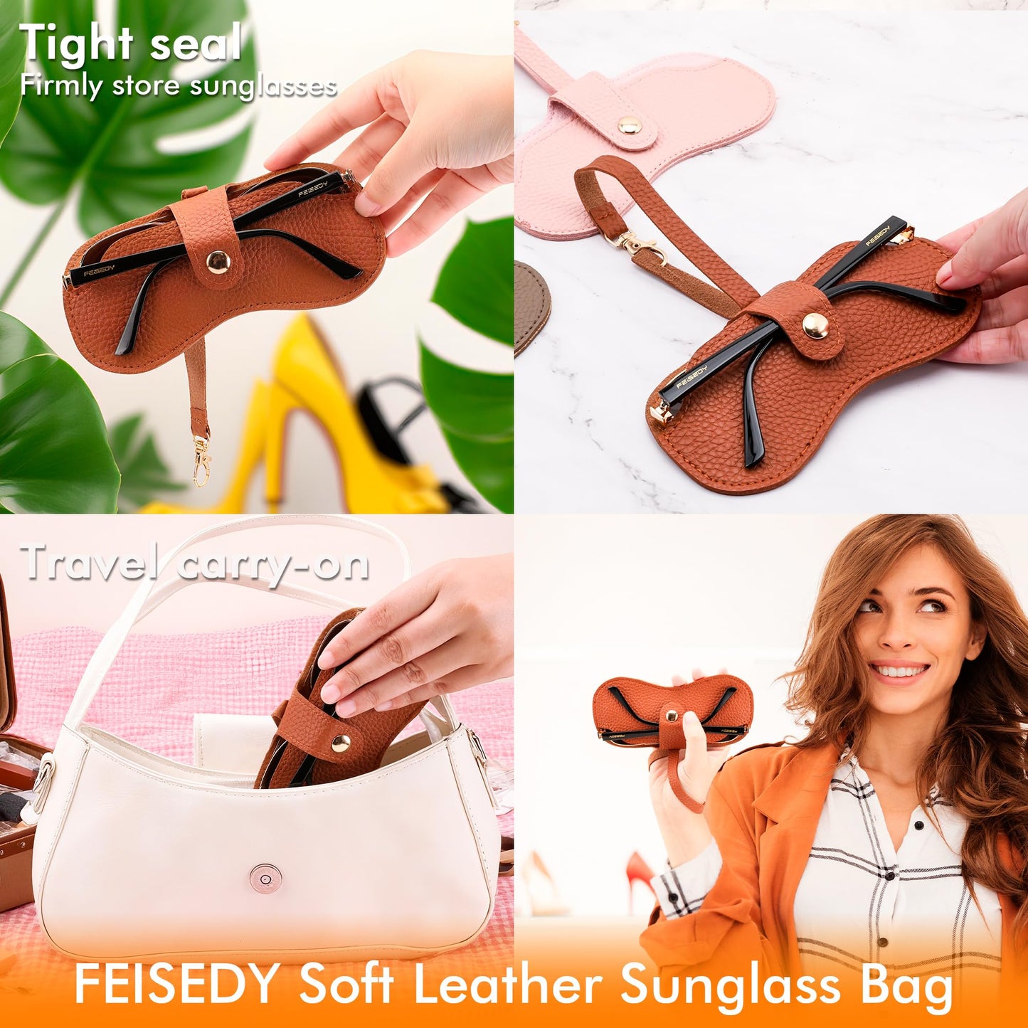 FEISEDY 2Pack Soft Leather Sunglass Case-Slim Portable Glasses Holder with Button-Closure Wrist Strap for Travel & Outdoor B0308