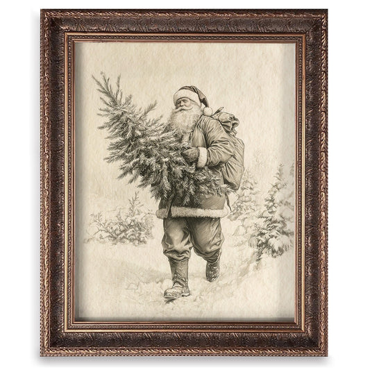 Vintage Christmas Tree Painting Print, Santa Claus Christmas Art Print, Antique Holiday Winter Wall Decor, Winter Xmas Vintage Wall Art, Holiday Decor (11 x 14 in Print Unframed, Santa Tree)